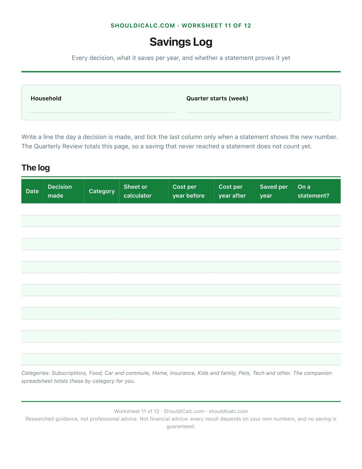 The savings log that feeds the quarterly review