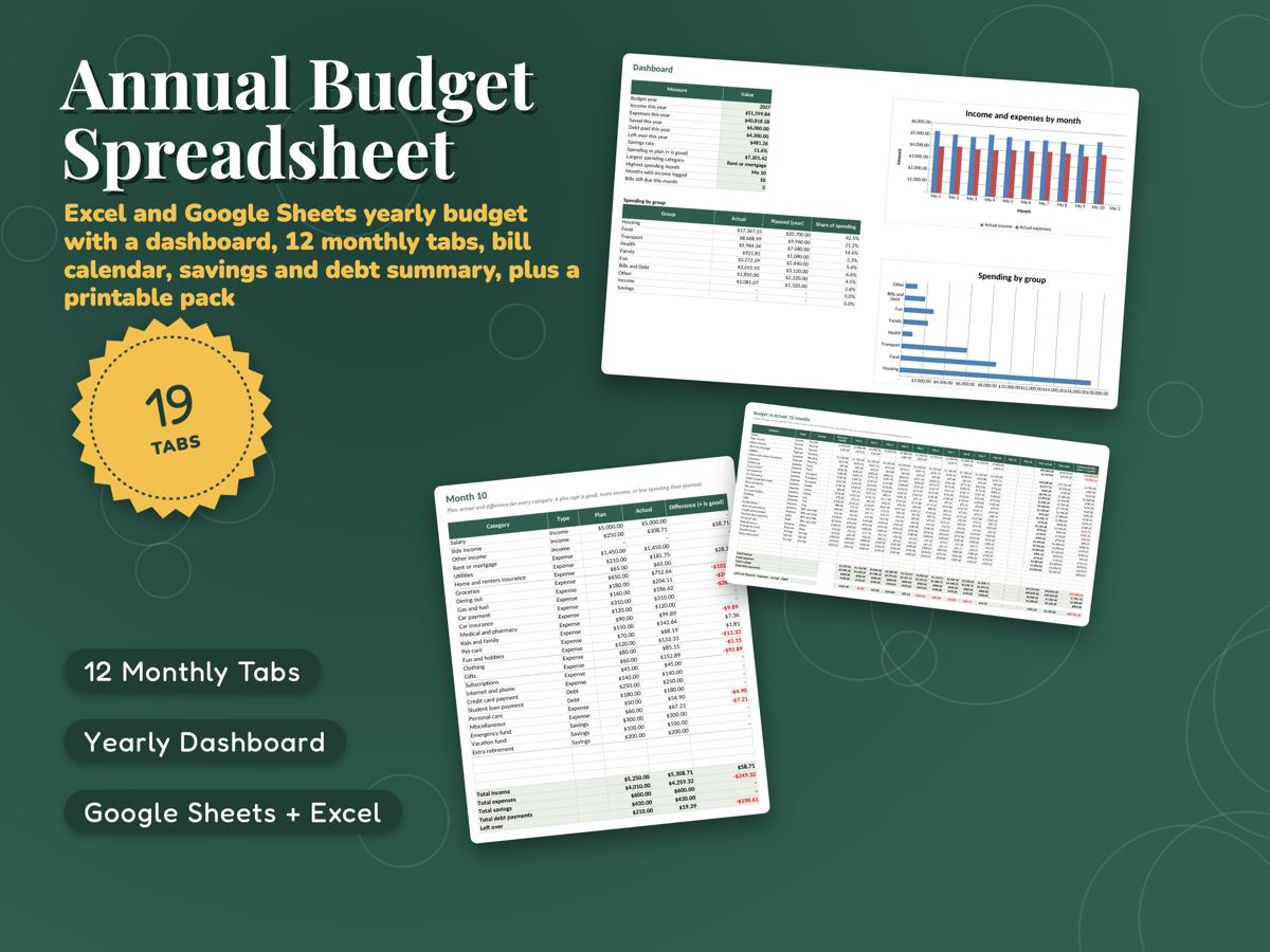 Annual Budget Spreadsheet for Excel and Google Sheets, image 1